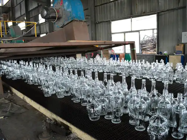 Glass bottles cooling on production line